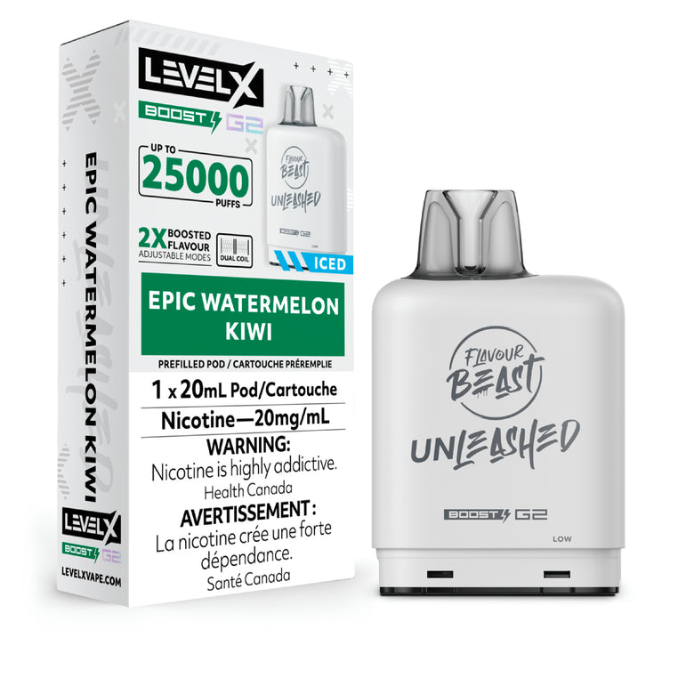 Vape device and packaging with 'Level X' branding on a white background