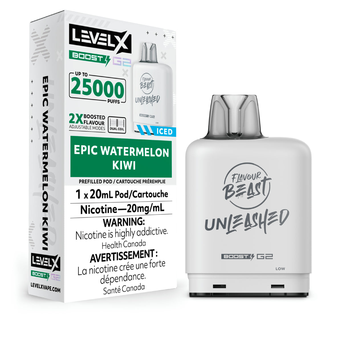 Vape device and packaging with 'Level X' branding on a white background