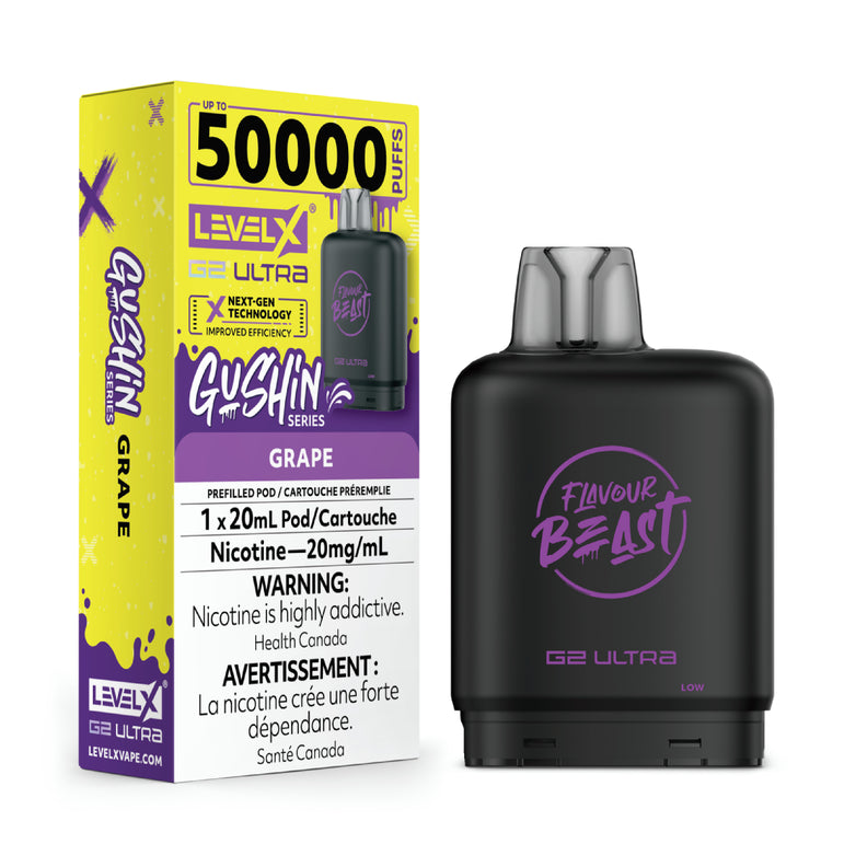 Gushin Grape vape pod with Level X packaging on a white background