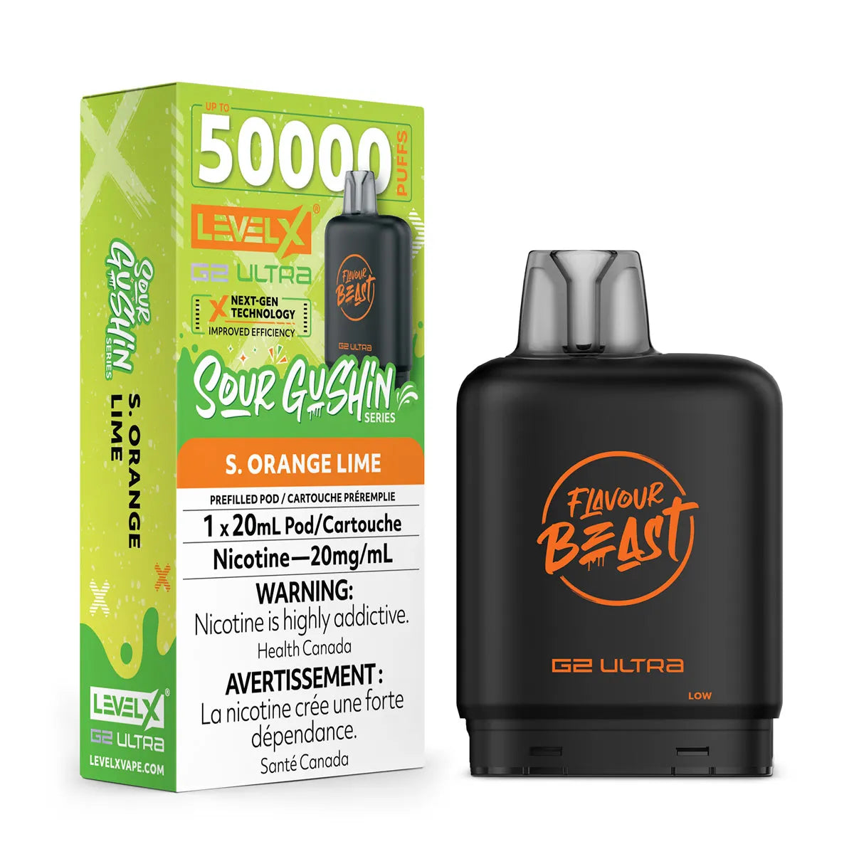 Flavour Beast vape device and Level X packaging on a white background