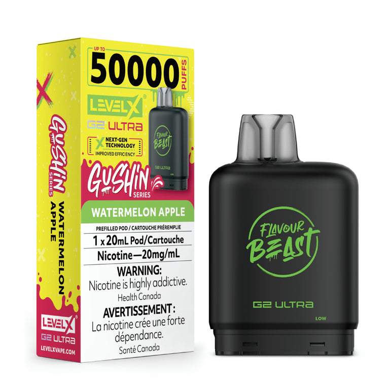 Flavour Beast G2 Ultra vape device with Level X Gushin packaging on a white background