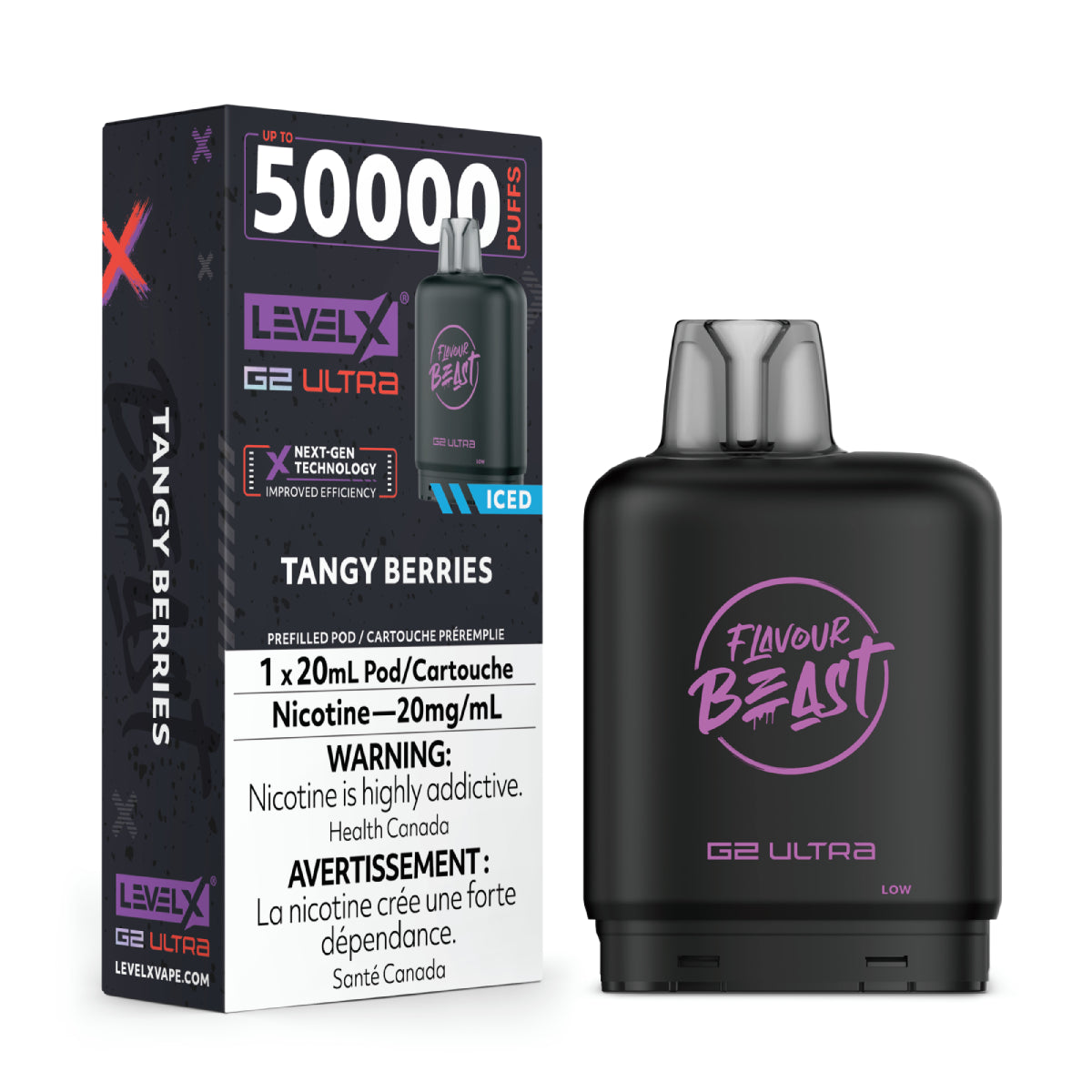 Flavour Beast vape device and packaging with Level X branding on a white background