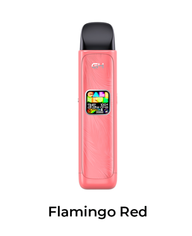 Caliburn G4 Flamingo Red vape device with colorful display on a white background