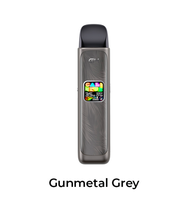 Caliburn G4 Gunmetal Grey vape device with colorful display on a white background