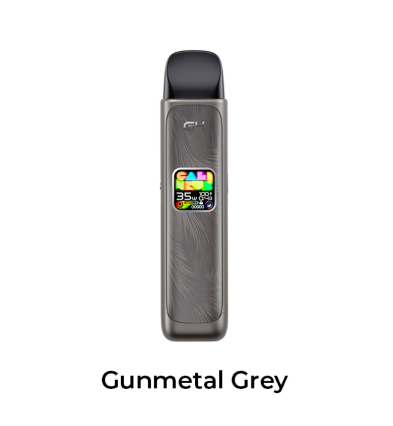Caliburn G4 Gunmetal Grey vape device with colorful display on a white background