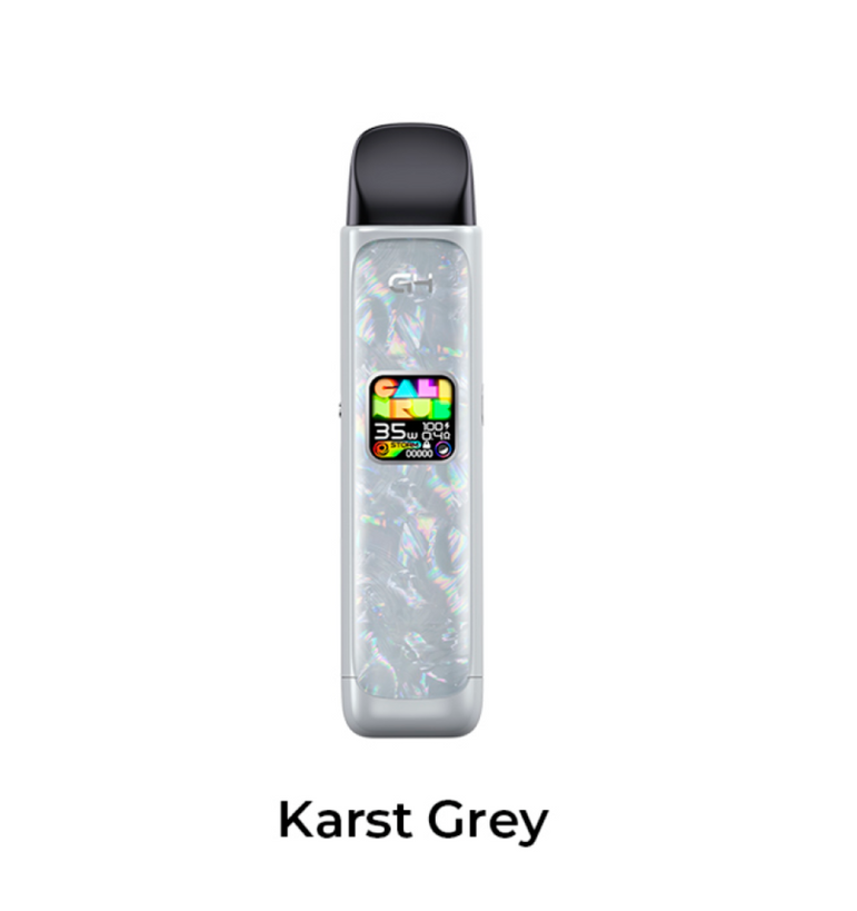 Caliburn G4 Karst Grey vape device with colorful display on a white background