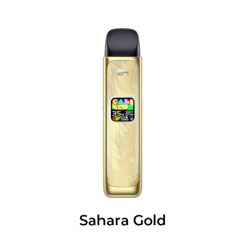 Caliburn G4 Sahara Gold vape device with colorful display on a white background