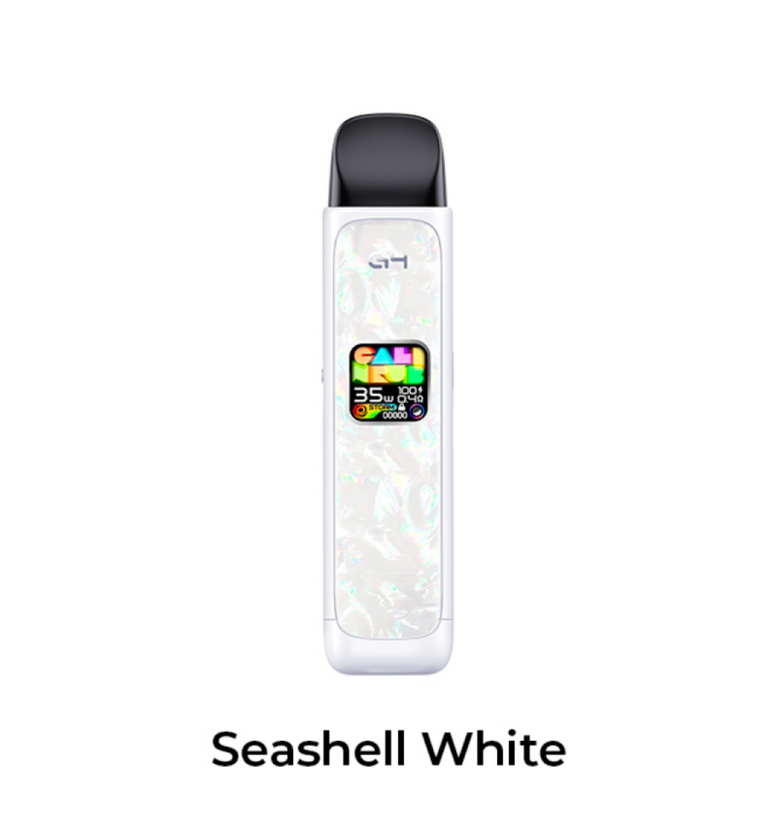 Caliburn G4 Seashell White vape device with colorful display on a white background