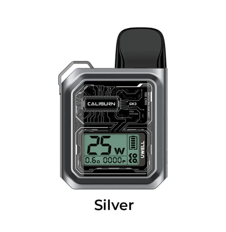 Silver GK2 vaping device with digital display on a white background