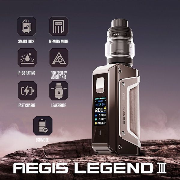 Geekvape Aegis Legend 3 promotional banner with device information with a device on a mountain and foggy background.