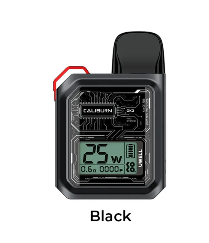 Black Caliburn GK3 vape device with digital display on a white background