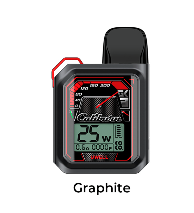 Caliburn GK3 Graphite vaping device with digital display and red accents on a white background, labeled 'Graphite'.