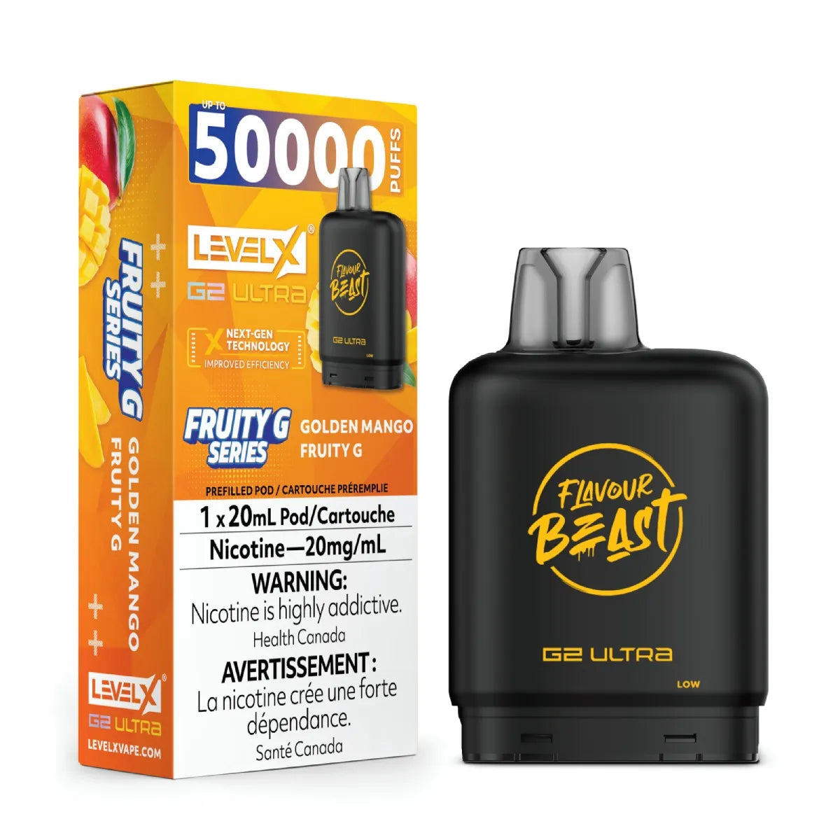 A LevelX G2 Ultra disposable vape device in Golden Mango flavor next to its retail packaging box. The device is matte black with a yellow 'Flavour Beast' logo, and the box is orange and white with fruit illustrations and product details.