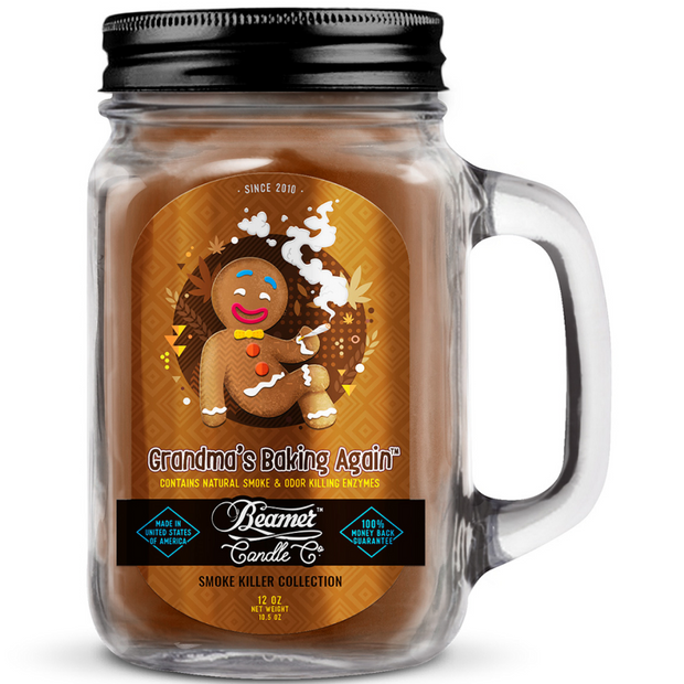 Jar candle with a gingerbread man design and 'Beamer Candle' branding on a white background