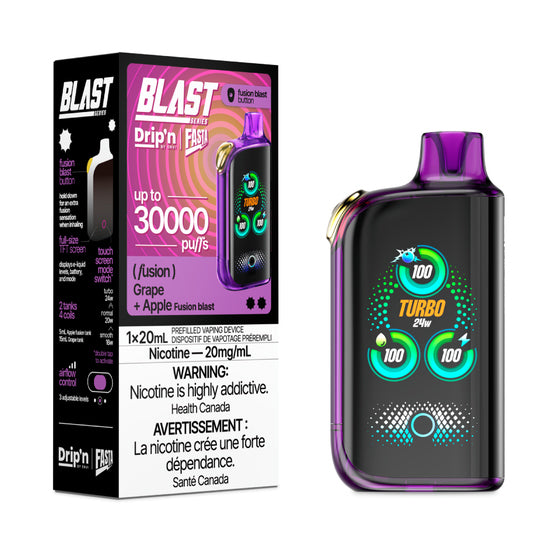 Fasta Blast vaping device with digital display and packaging labeled 'Blast' on a white background