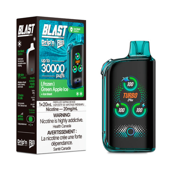 Fasta Blast vaping device with digital display and packaging labeled 'Blast' on a white background