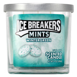 Ice Breakers Mints Wintergreen scented candle with a silver lid on a white background