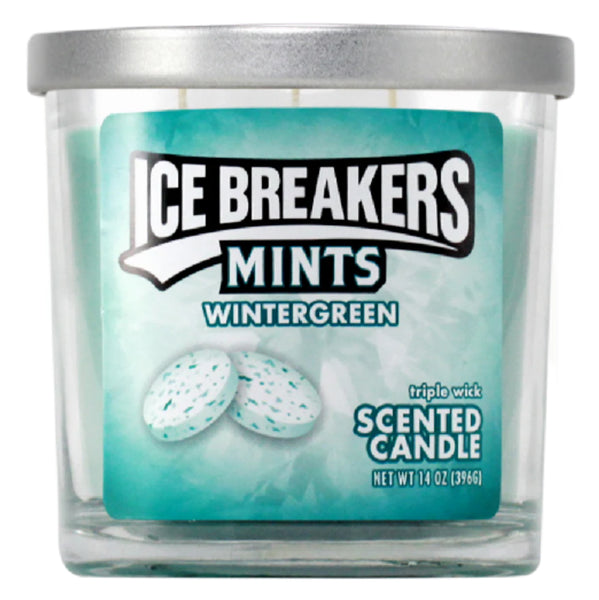 Ice Breakers Mints Wintergreen scented candle with a silver lid on a white background
