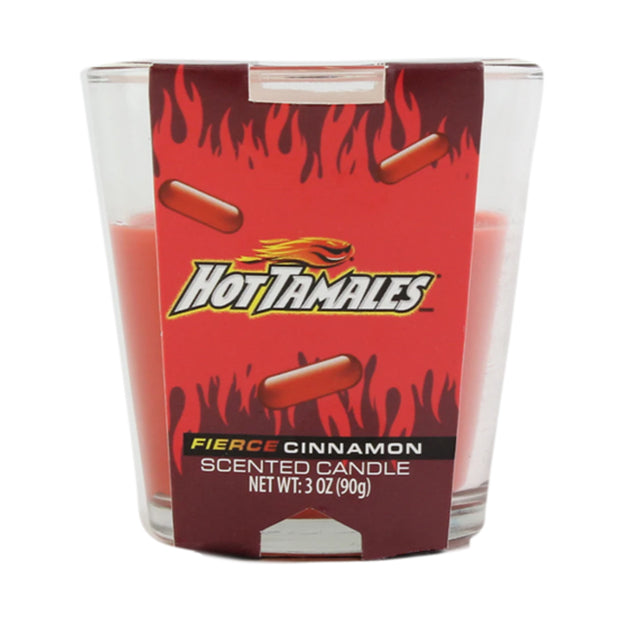 Hot Tamales Fierce Cinnamon scented candle with red label on a white background