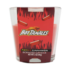 Hot Tamales Fierce Cinnamon scented candle with red label on a white background