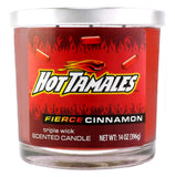 Hot Tamales Fierce Cinnamon scented candle with red label and glass container 14oz.