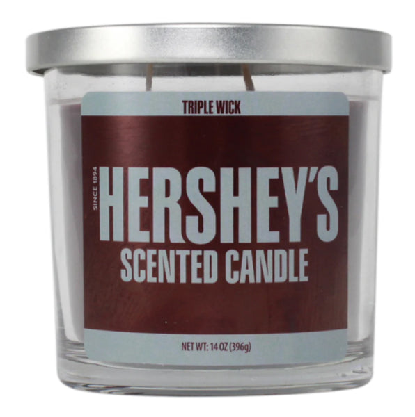 Hershey's scented candle with a silver lid on a white background