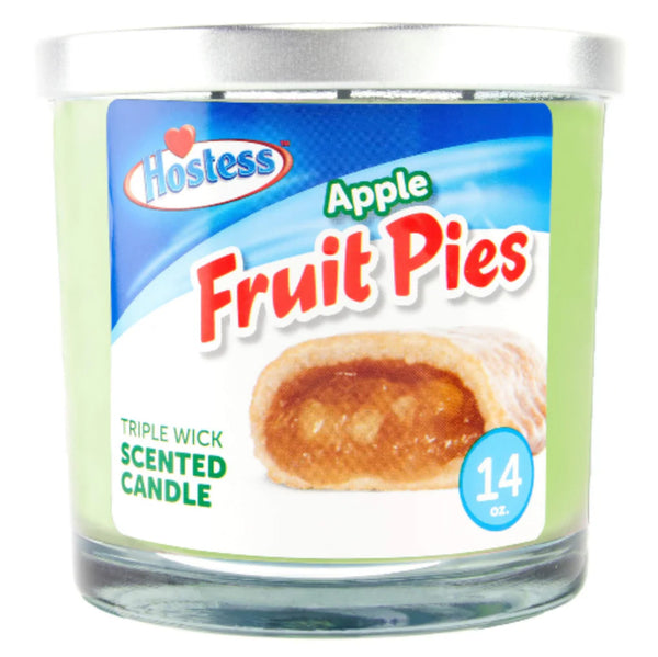 Hostess Apple Fruit Pies scented candle with label and pie image on a white background 14 oz.