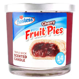 Hostess cherry fruit pies scented candle with label on a white background 14 oz.