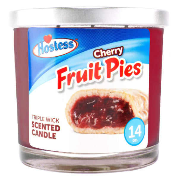 Hostess cherry fruit pies scented candle with label on a white background 14 oz.