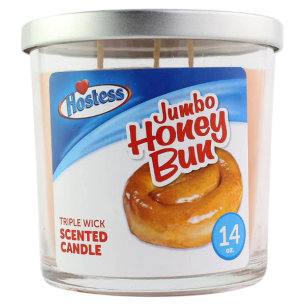 Hostess Jumbo Honey Bun scented candle with label on a white background 14 oz.