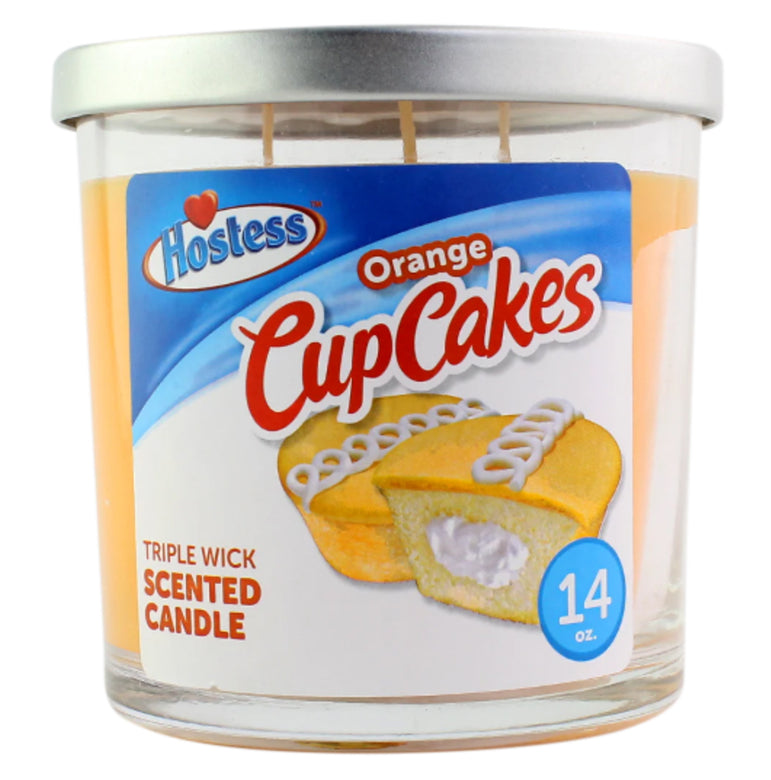 Hostess Orange CupCakes scented candle with label on a white background 14oz.