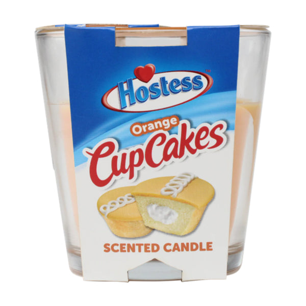Hostess Orange Cup Cakes scented candle packaging on a white background.
