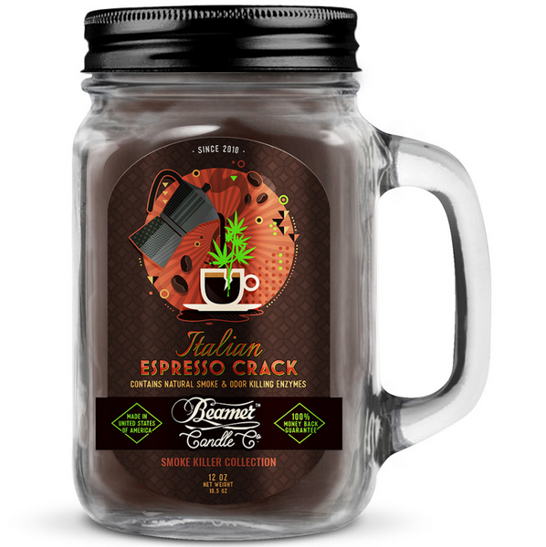 Glass jar candle labeled 'Italian Espresso Crack' with a label design featuring coffee and cannabis elements.