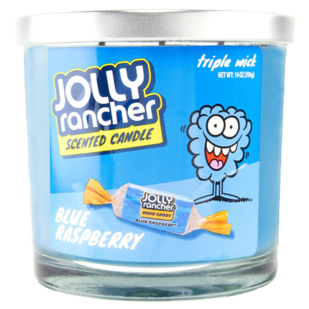 Jolly Rancher scented candle with blue label and candy illustration on a white background 14 oz.