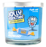 Jolly Rancher scented candle with blue label and candy illustration on a white background 14 oz.
