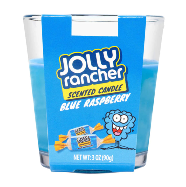 Jolly Rancher scented candle in blue raspberry flavor with blue packaging.