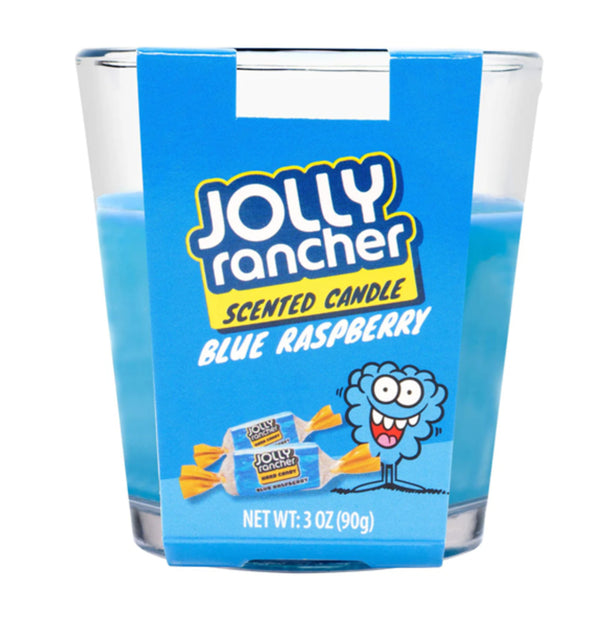 Jolly Rancher scented candle in blue raspberry flavor with blue packaging.