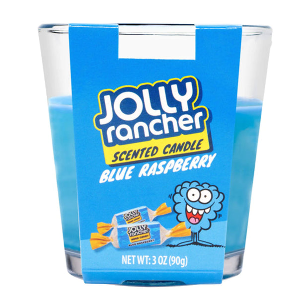 Jolly Rancher scented candle in blue raspberry flavor with blue packaging.