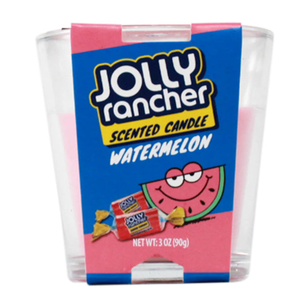 Jolly Rancher scented candle with watermelon flavor packaging on a white background