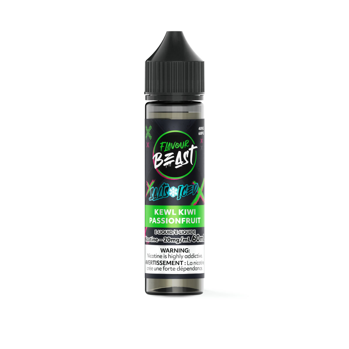 Flavour Beast Kewl Kiwi Passionfruit vape juice bottle on a white background