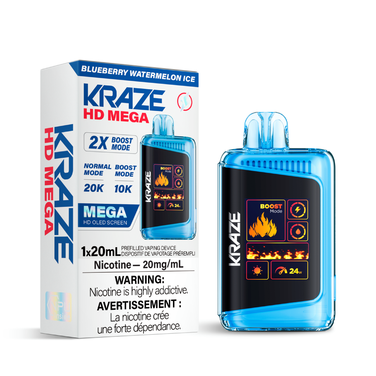 Kraze HD Mega disposable vape Blueberry Watermelon Ice flavor on a white background.