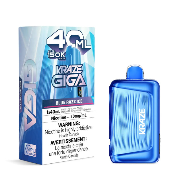 Kraze Giga Blue Razz disposable vape on a white background with packaging