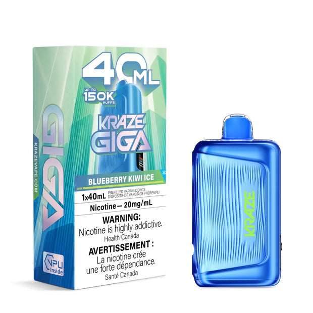 Kraze Giga Blueberry Kiwi Ice nicotine pouch packaging box next to a blue disposable vape device on a white background.