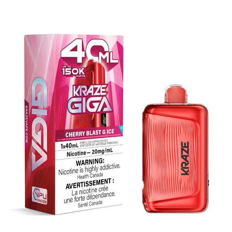 Kraze Giga 40ml disposable vape device in red next to its pink and white retail packaging box on a white background.