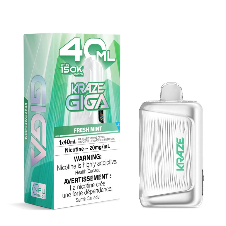A 40 mL KRAZE GIGA vape pen shown next to its retail box on a plain white background. The packaging is green and white with '40 ML', 'KRAZE GIGA', and 'FRESH MINT' printed on it, and the vape pen itself is clear with a green KRAZE logo.