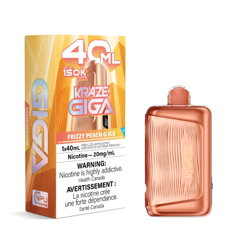 Kraze Giga Frizzy Peach Ice 40ml disposable vape device next to its retail packaging box on a plain white background.