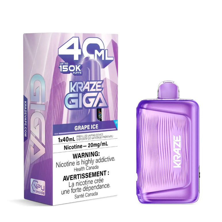 A purple Grape Ice disposable vape device next to its retail packaging box by KRAZE GIGA, on a clean white background.