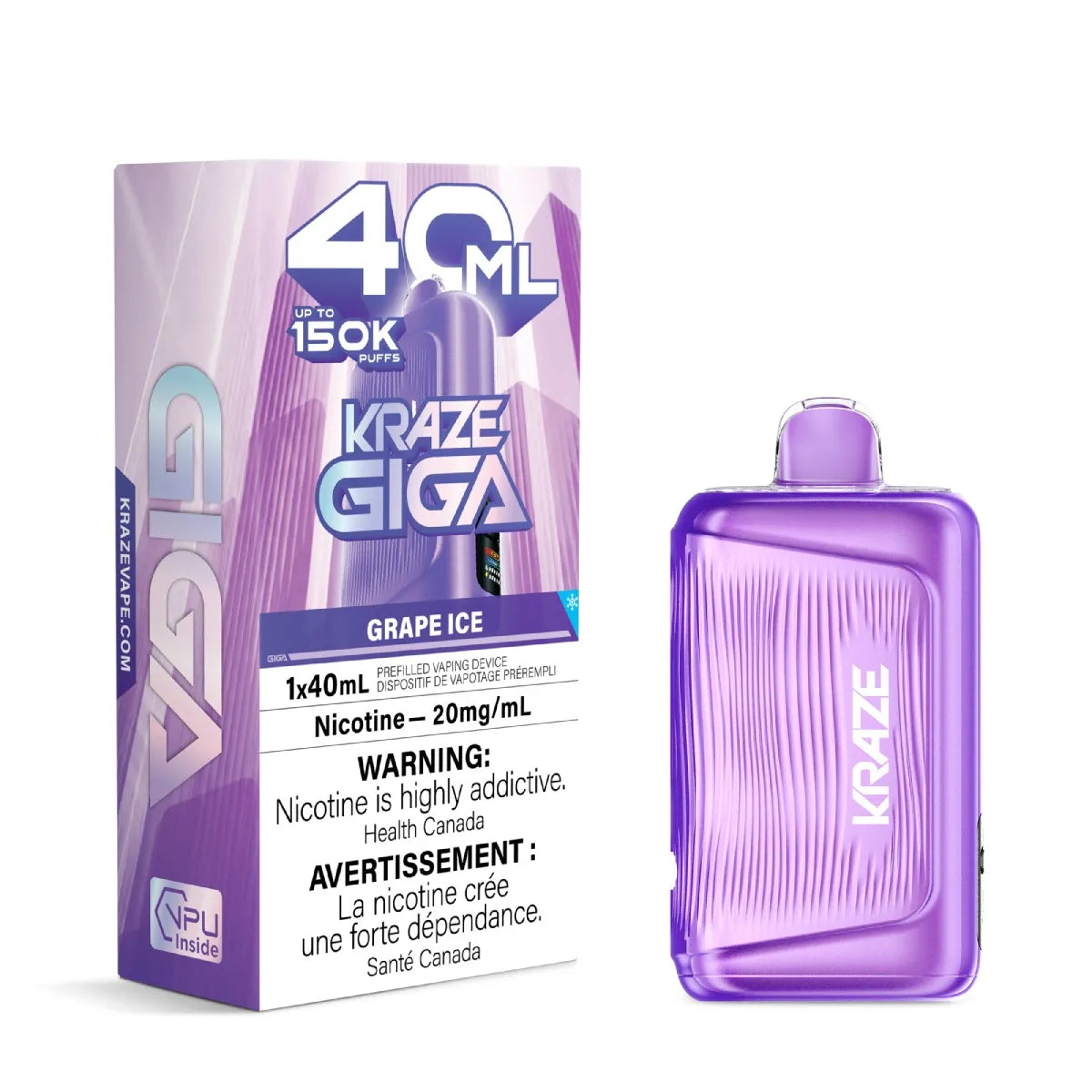 A purple Grape Ice disposable vape device next to its retail packaging box by KRAZE GIGA, on a clean white background.