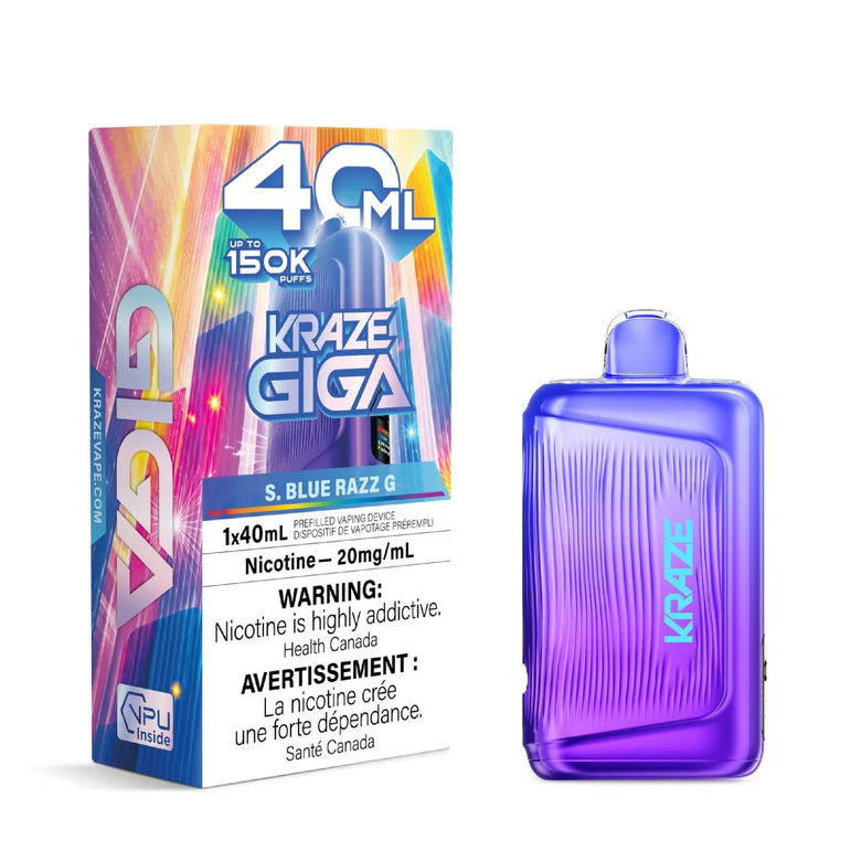 A purple vape device next to its retail box on a white background. The box features colorful graphics and text including '40 ML', 'KRAZE GIGA', and 'S.