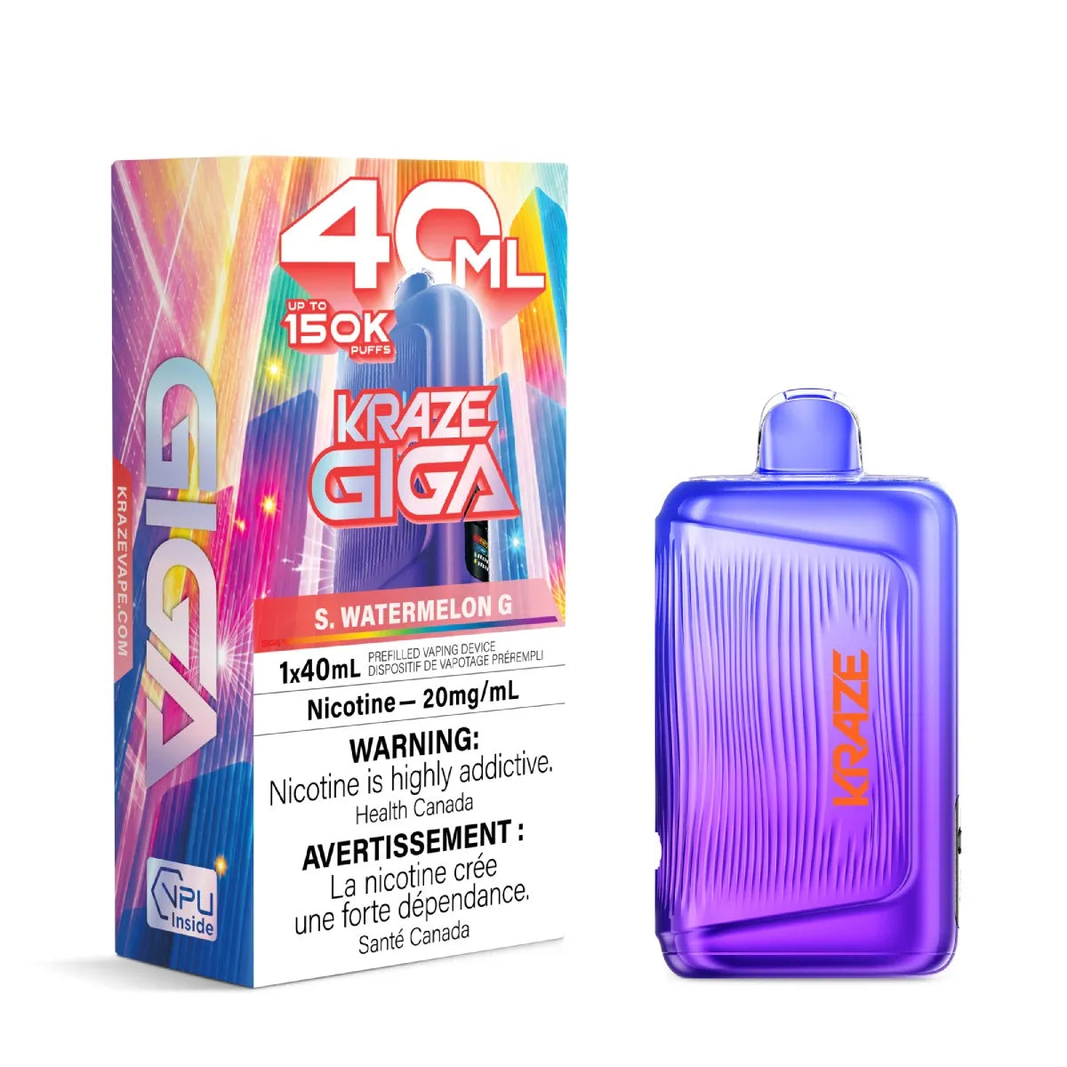 A purple 40 mL disposable vape device next to its colorful retail box on a plain white background. The packaging features vibrant graphics in pink, blue, and yellow, with 'KRAZE GIGA' and 'S.